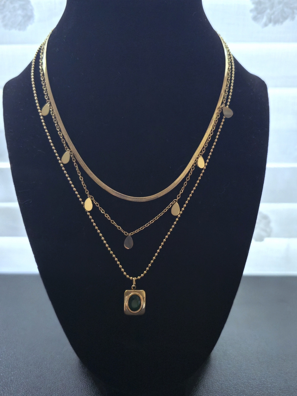 18K Gold Layered Necklace w/ Green Zircon Accent (B002) - Picture 11 of 12